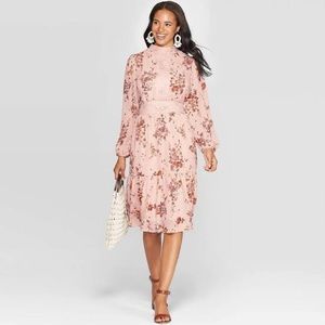 Women's Floral Print Sheer High Neck Dress - Rose